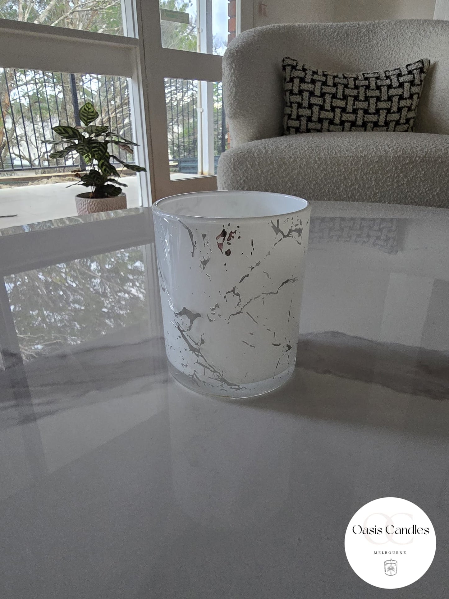 300g Scented Soy Candle | White Marble Pattern Glass Jar | Rose Gold & Silver