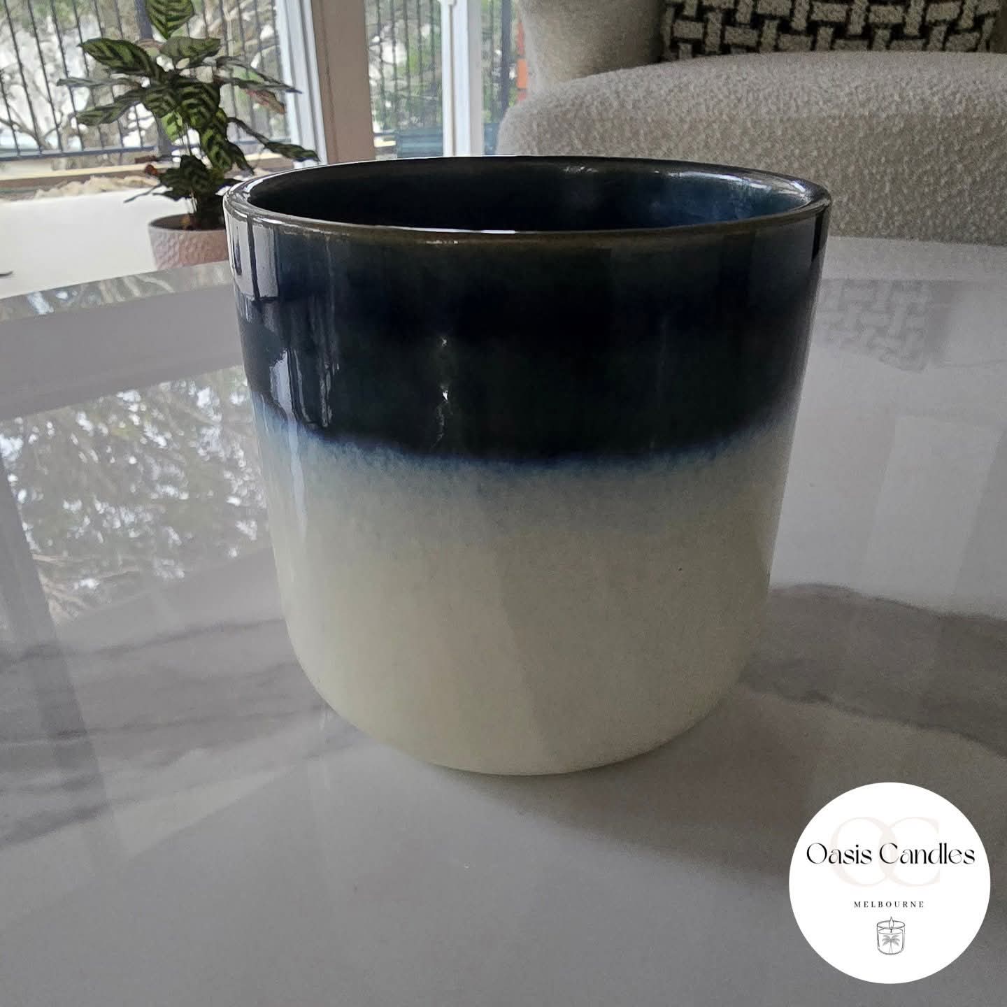 Retro Glazed Blue & White | 500g Ceramic Scented Candle | Beachside Breeze