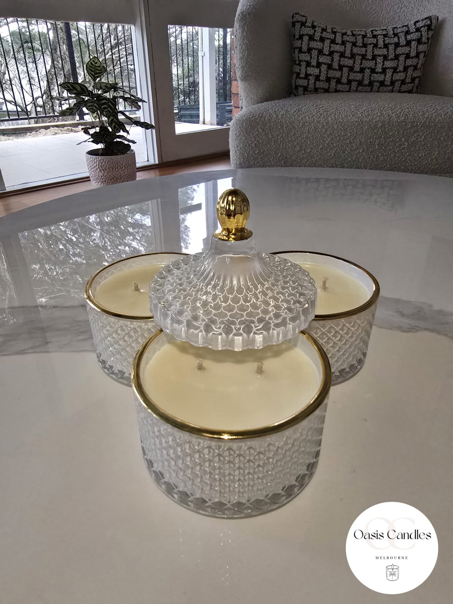 Triple Geo Stacker Scented Candle | White & Gold | Feminine Perfume Collection